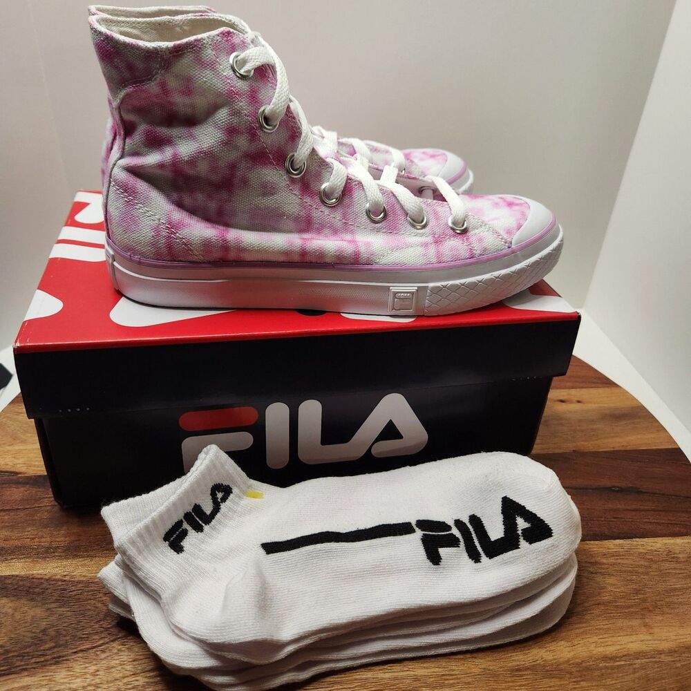 Fila Tie‑Dye High Tops Women’s Size 7 Pink New w/ Box + Bonus Socks